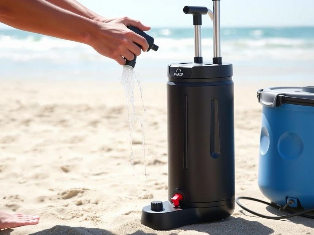 Portable pressure shower with foot pump being used at beach