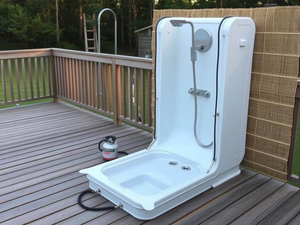 Portable propane-heated outdoor shower setup on wooden deck