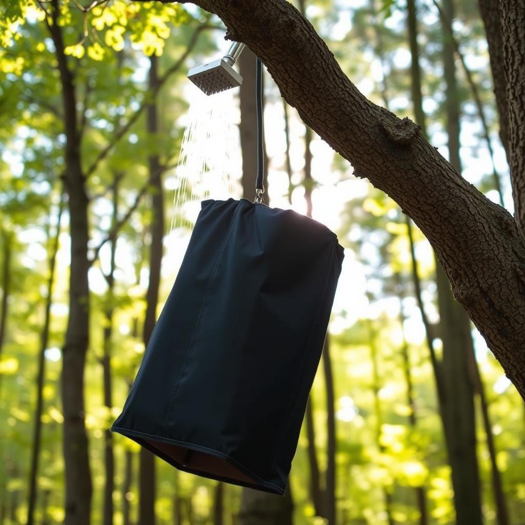 Portable solar shower bag hanging from tree branch in camping setting