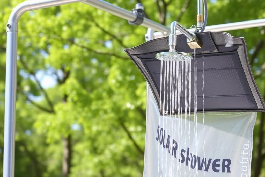 Portable solar shower bag with temperature indicator hanging outdoors