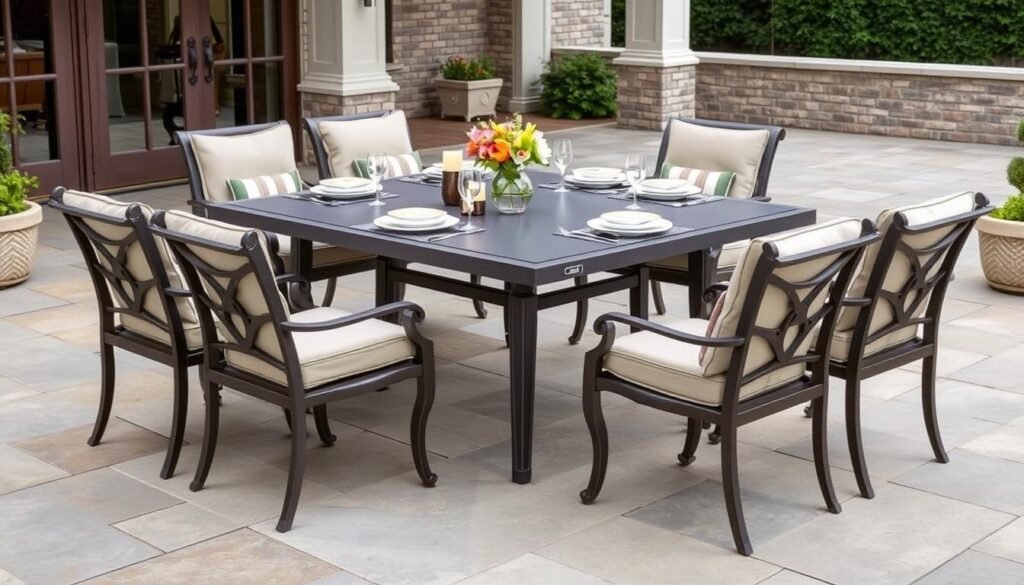 Premium outdoor dining set with six chairs around a large table on a patio