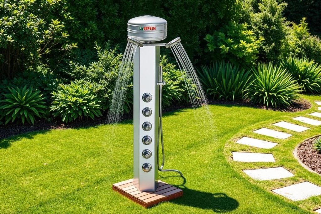 Premium solar shower tower with large capacity tank and multiple spray options