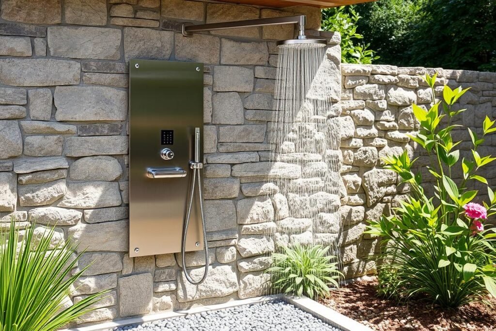 Premium stainless steel wall-mounted outdoor shower with rainfall showerhead