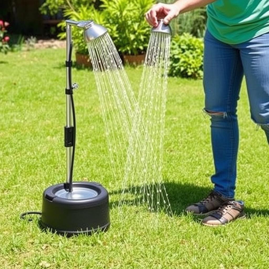 Pressurized portable shower with shower head and foot pump