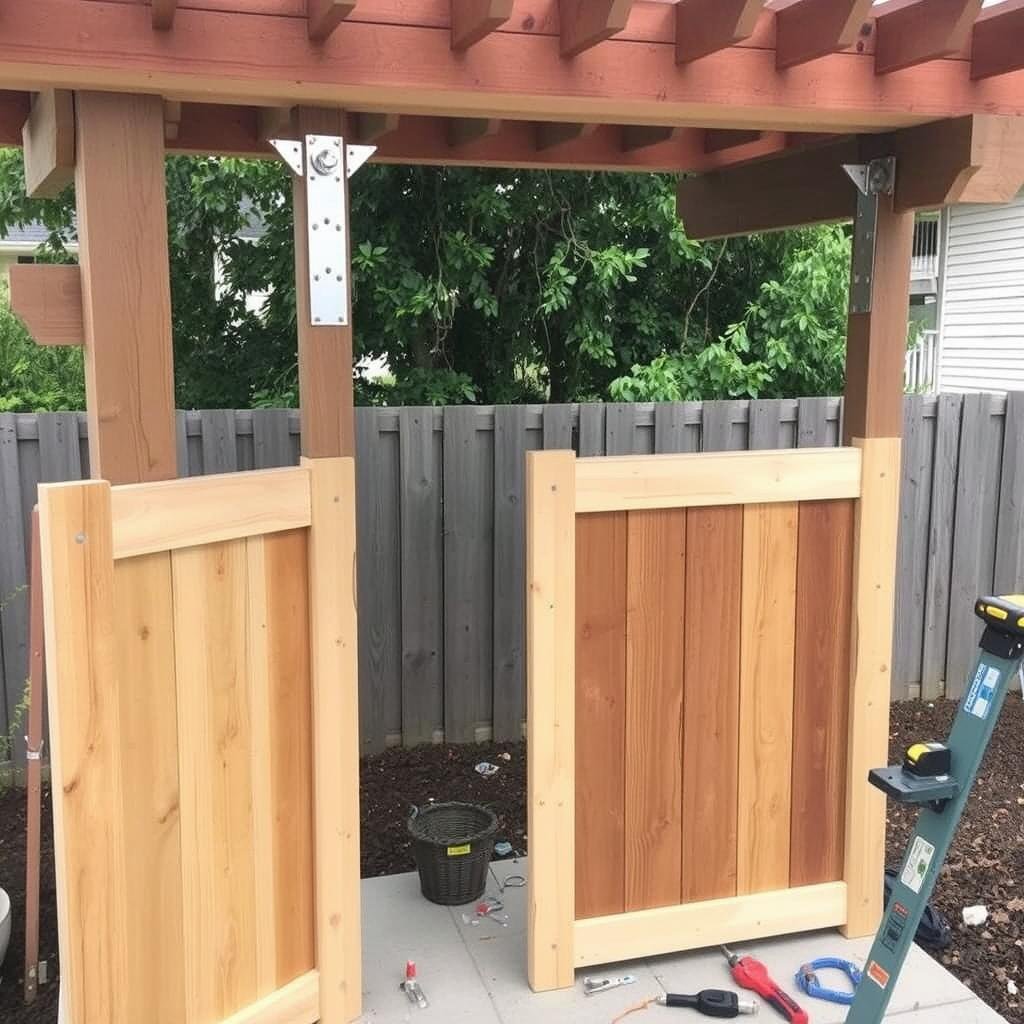 Privacy screen installation for outdoor shower showing mounting brackets