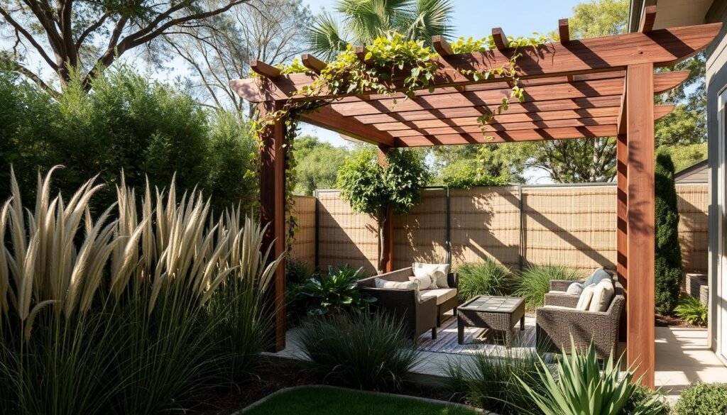Private outdoor living space with natural privacy screening from plants and structures