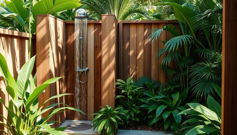 Private outdoor shower with wooden privacy walls surrounded by lush greenery