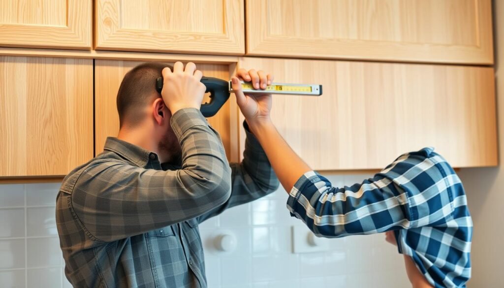 Professional contractor installing kitchen cabinets with precision tools Professional contractor installing kitchen cabinets with precision tools