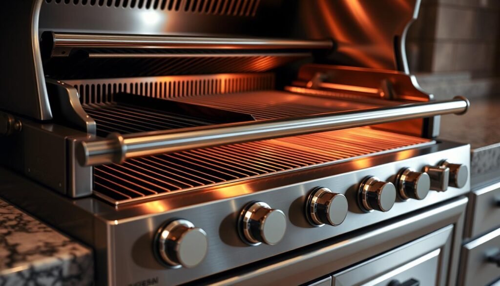 Professional-grade built-in luxury grill with multiple cooking zones and LED lighting