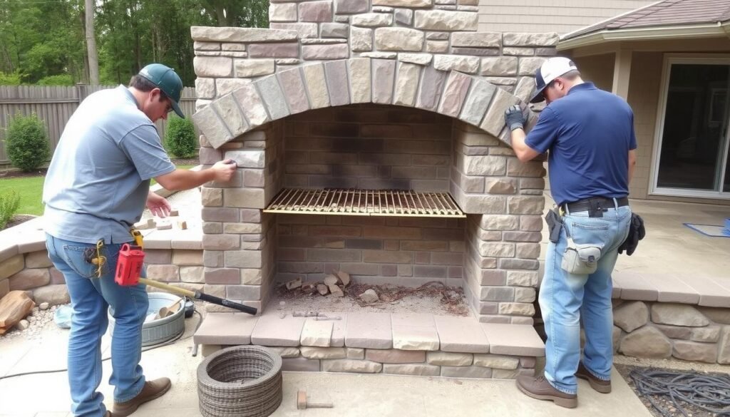 Professional installation of an outdoor stone fireplace