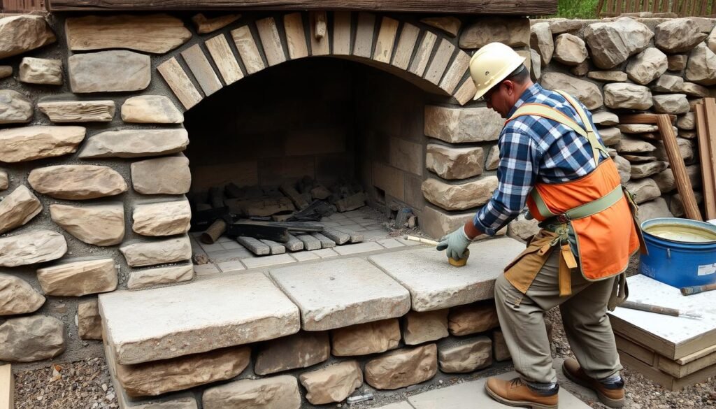 Professional mason building a rustic stone outdoor fireplace
