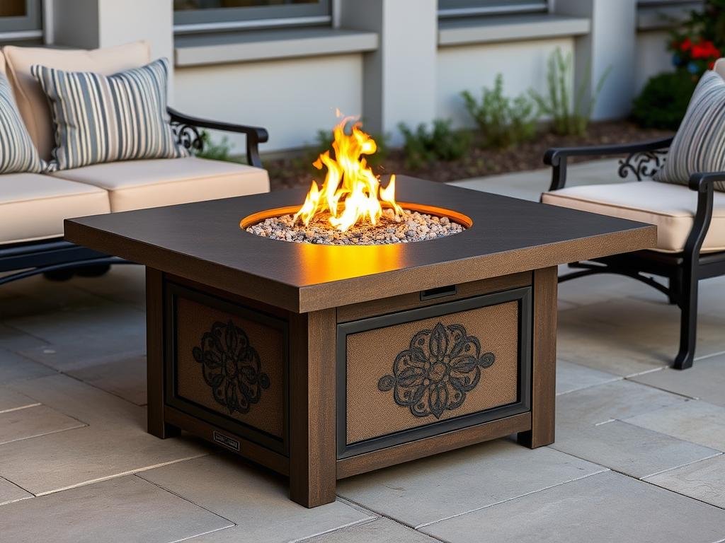 Propane fire pit table on a patio with seating around it