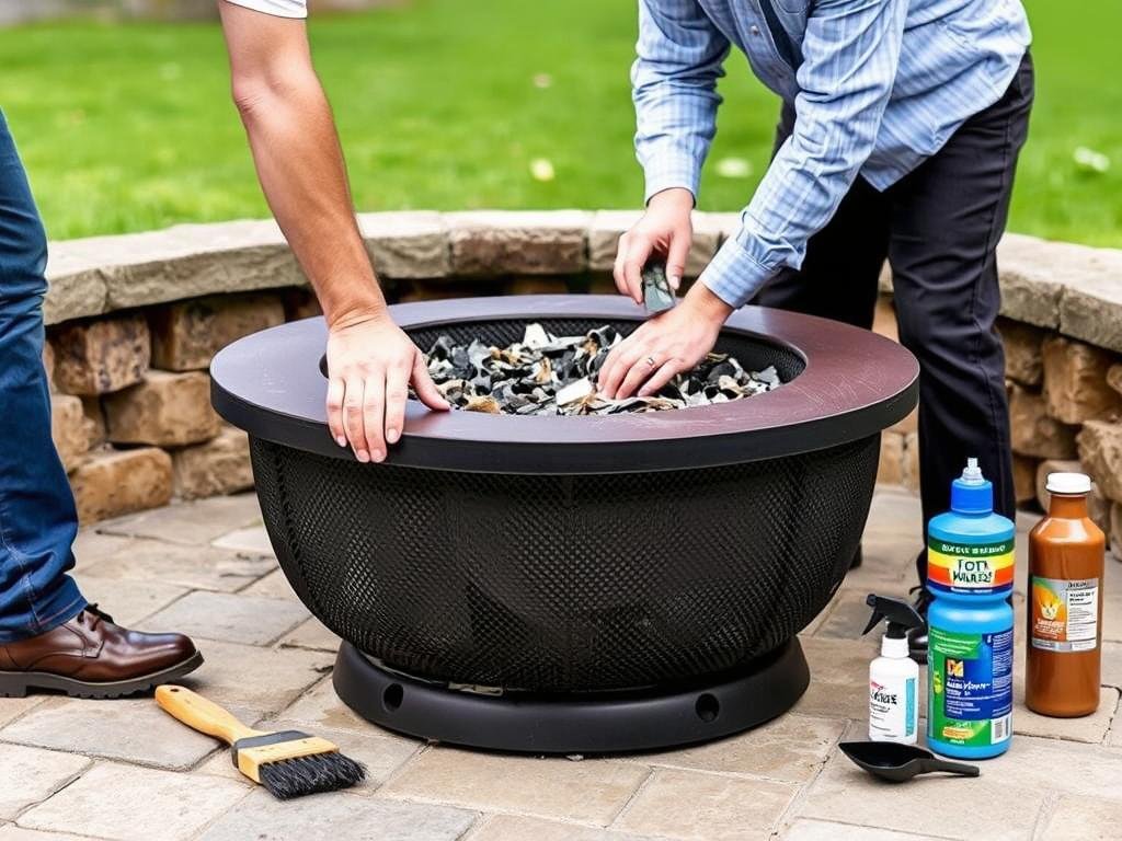 Proper maintenance of an outdoor fire pit area with cleaning tools