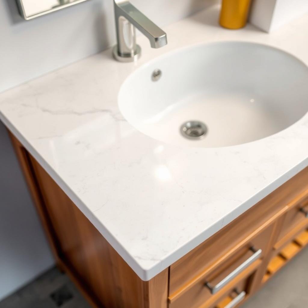 Quartz countertop on wood vanity in master bathroom Quartz countertop on wood vanity in master bathroom