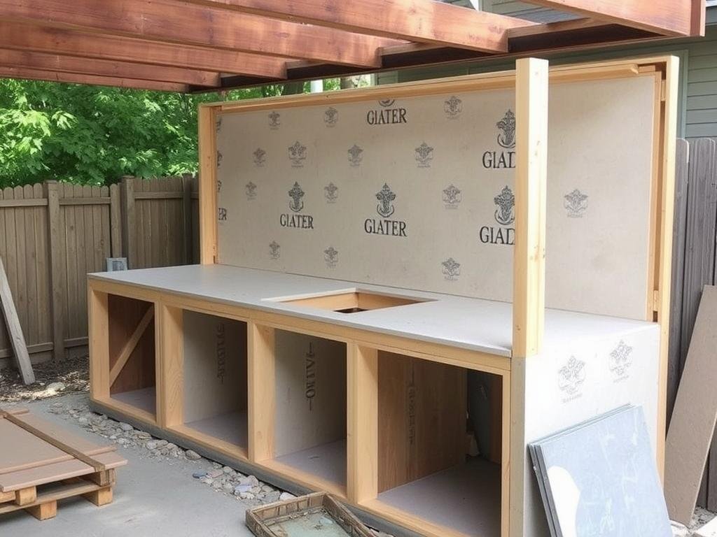 Ready-to-finish outdoor kitchen frame awaiting finishing materials