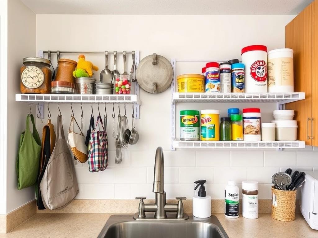 Rental kitchen with tension rod shelving and command hook organization Rental kitchen with tension rod shelving and command hook organization