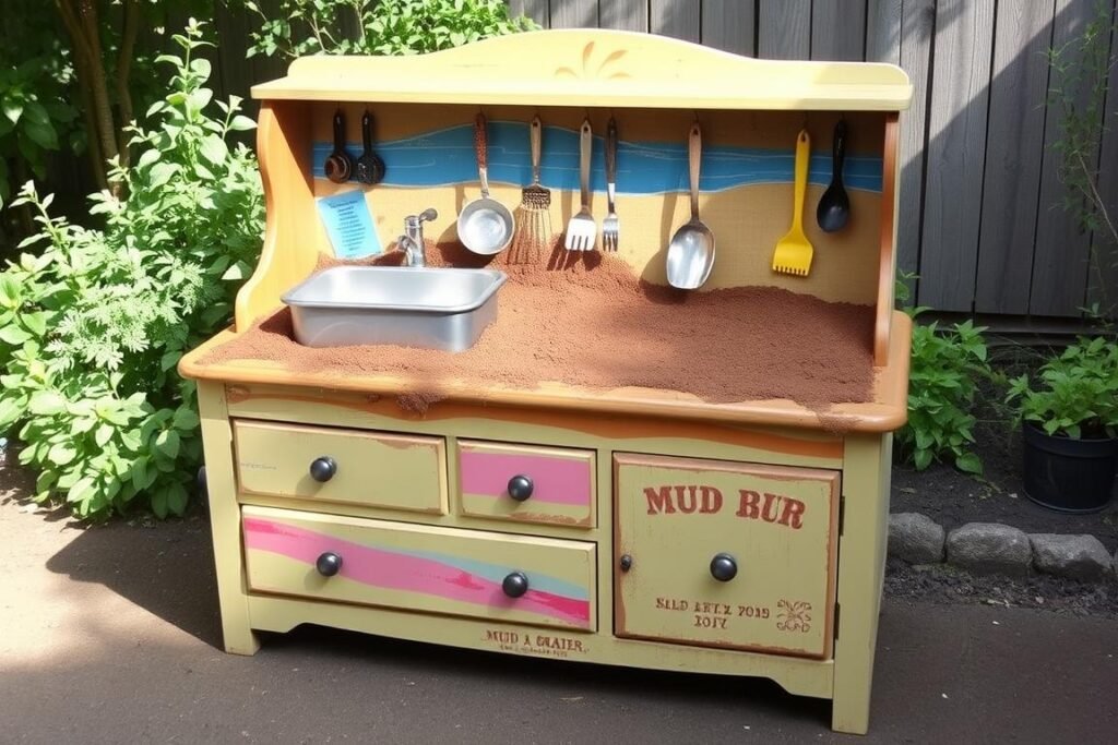 Repurposed dresser transformed into a colorful mud kitchen with sink and storage Repurposed dresser transformed into a colorful mud kitchen with sink and storage