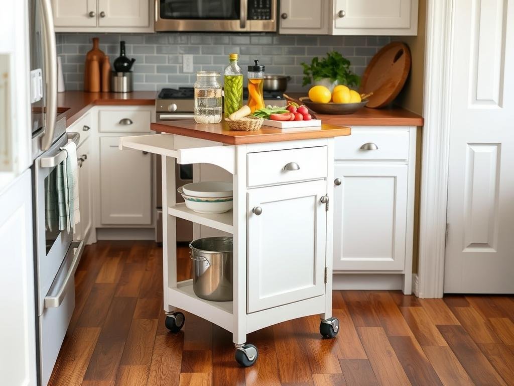 Rolling kitchen cart that serves as a mobile island in a small kitchen Rolling kitchen cart that serves as a mobile island in a small kitchen