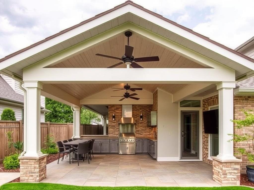 Roof extension covering outdoor kitchen adjacent to house