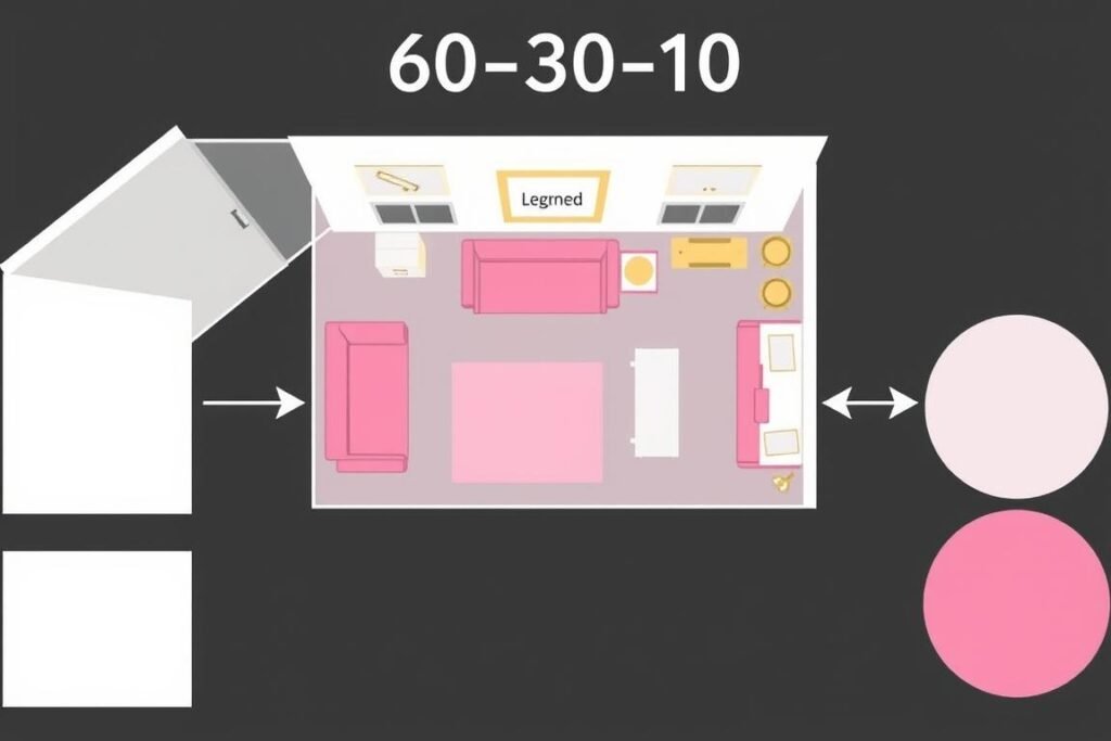 Room diagram showing the 60-30-10 color rule with pink as secondary color