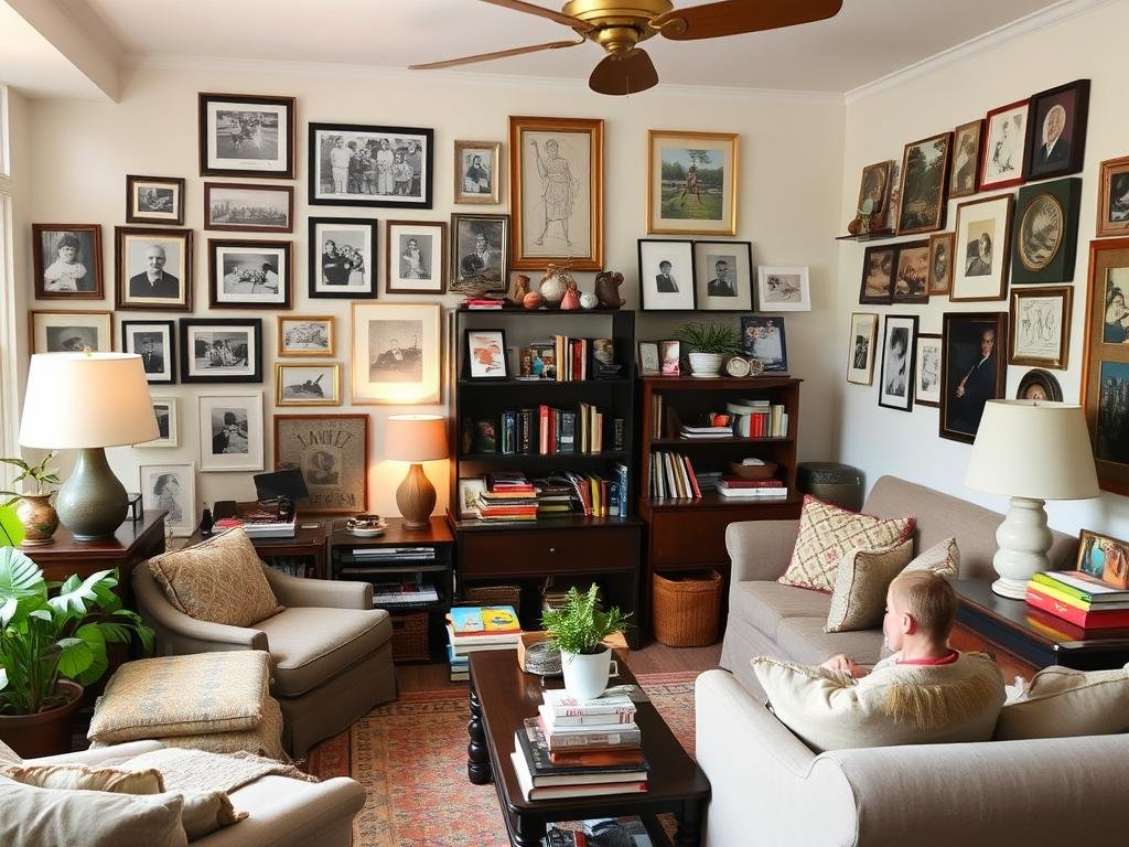 Room with personal touches including family photos and meaningful objects