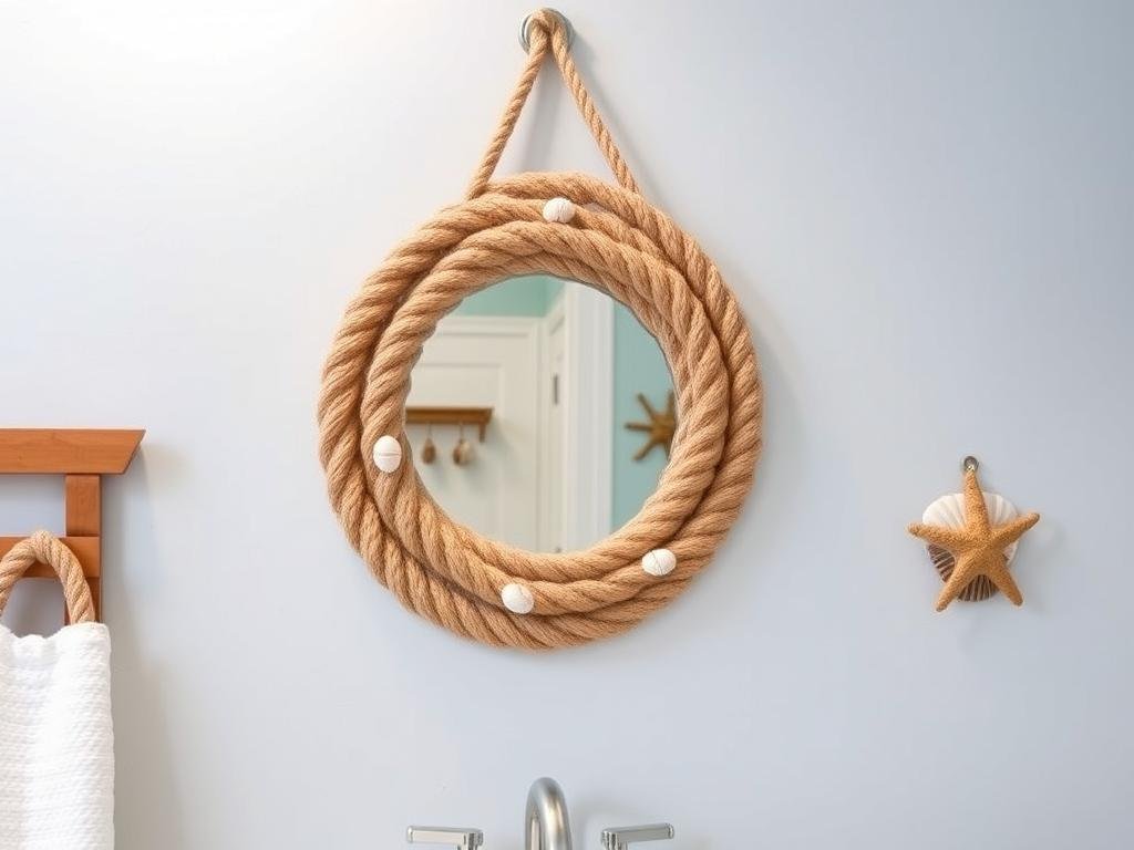 Rope-wrapped mirror with nautical accents Rope-wrapped mirror with nautical accents