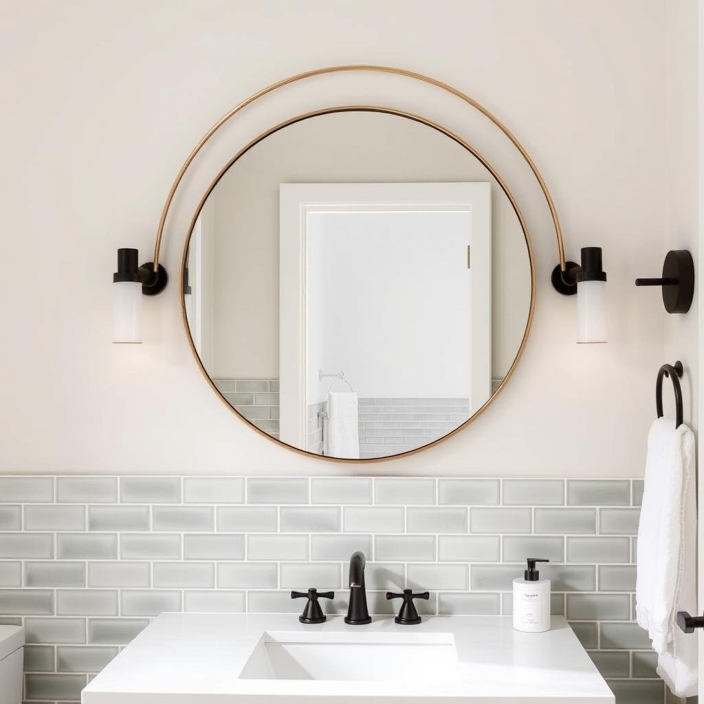 Round bathroom mirror with brass frame in a modern bathroom with green tile Round bathroom mirror with brass frame in a modern bathroom with green tile