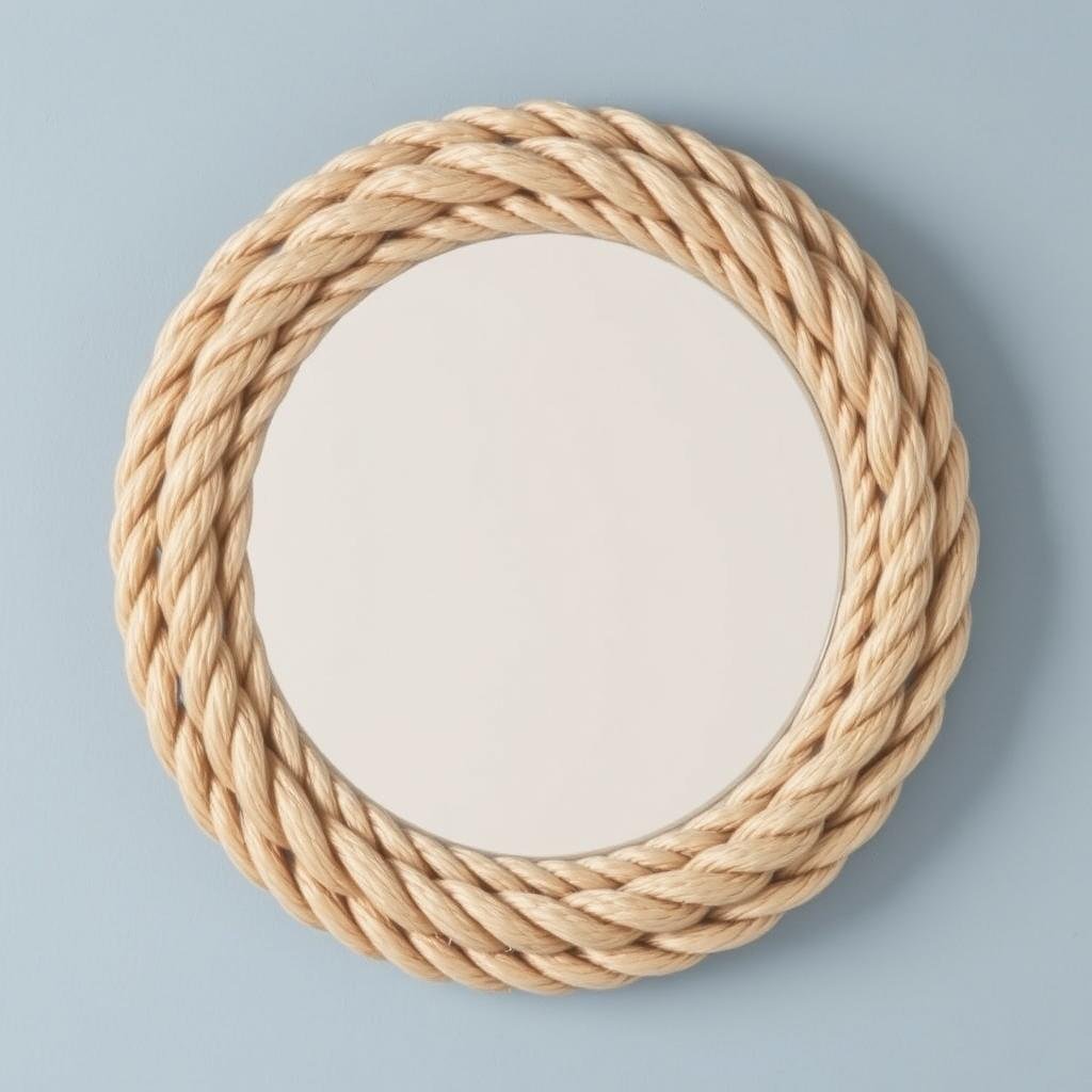Round mirror with nautical rope-wrapped frame Round mirror with nautical rope-wrapped frame