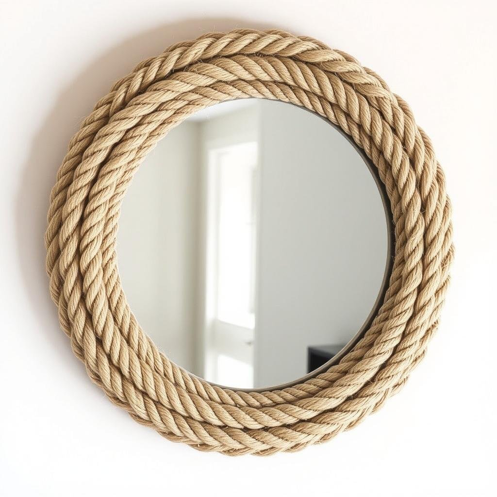 Round mirror with nautical rope wrapping around the frame, easy diy room decor upgrade Round mirror with nautical rope wrapping around the frame, easy diy room decor upgrade