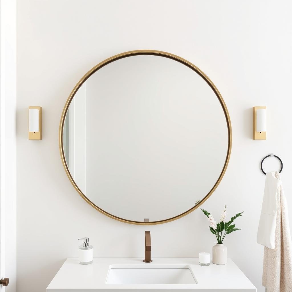 Round mirror with thin brass frame in modern bathroom Round mirror with thin brass frame in modern bathroom