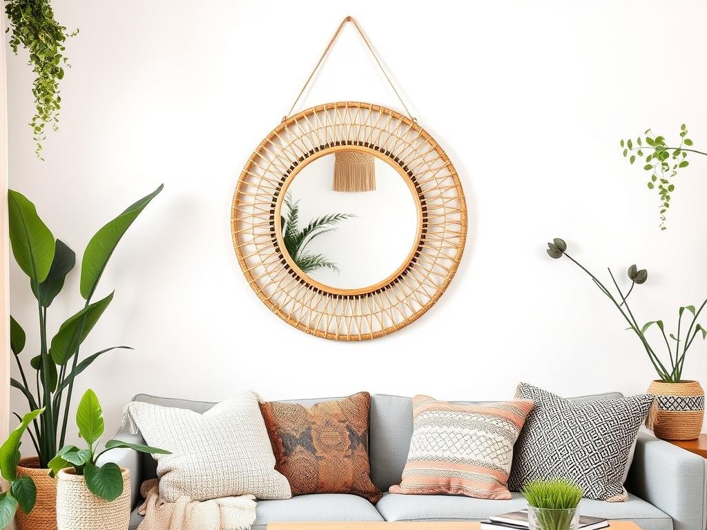 Round rattan mirror in boho-inspired living space Round rattan mirror in boho-inspired living space