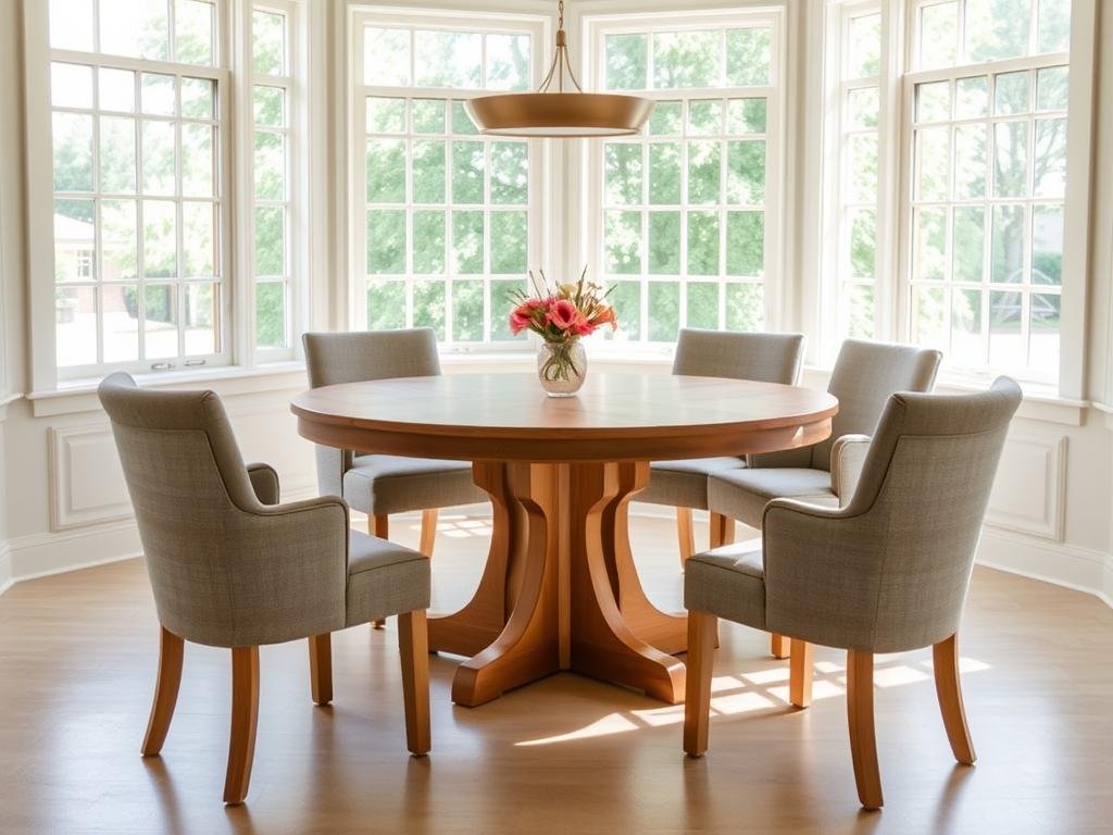 Round wooden dining table in a bright room with comfortable chairs and natural light Round wooden dining table in a bright room with comfortable chairs and natural light