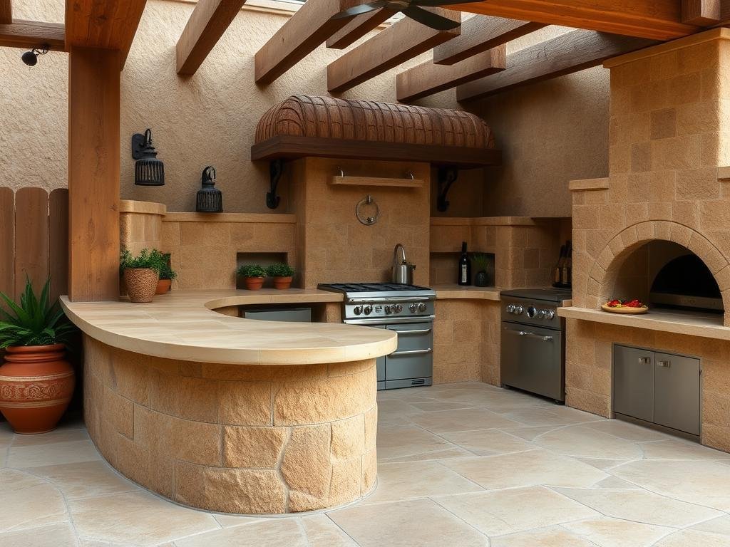 Rustic Mediterranean concrete outdoor kitchen with textured surfaces and warm colors