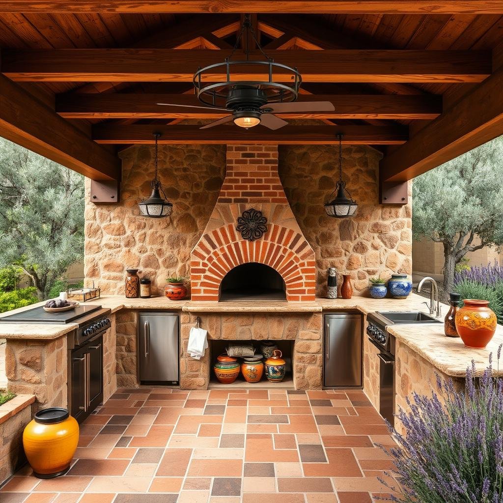Rustic Mediterranean outdoor kitchen with stone, terracotta and wood elements