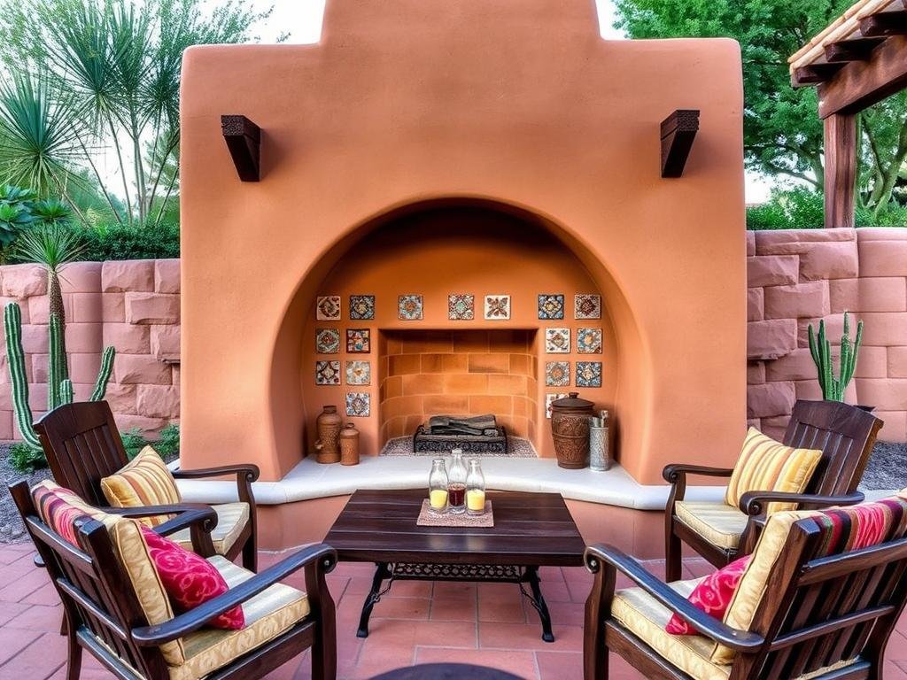 Rustic adobe outdoor fireplace with southwestern design elements