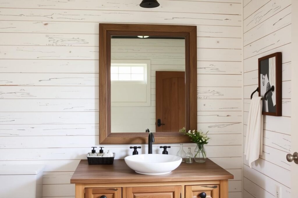 Rustic bathroom with a wooden-framed mirror that adds warmth and texture Rustic bathroom with a wooden-framed mirror that adds warmth and texture