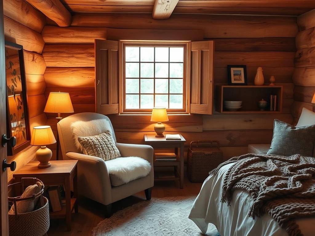 Rustic bedroom reading nook with comfortable chair, throw blanket, and warm lighting Rustic bedroom reading nook with comfortable chair, throw blanket, and warm lighting