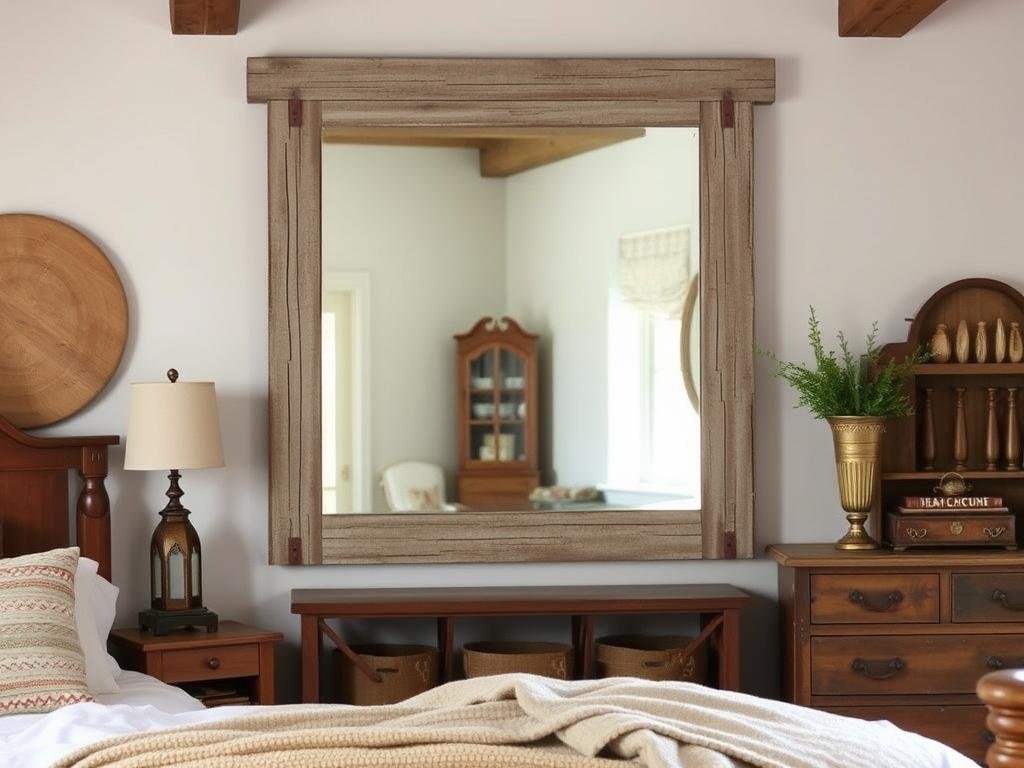 Rustic bedroom with distressed wood frame mirror and farmhouse elements Rustic bedroom with distressed wood frame mirror and farmhouse elements