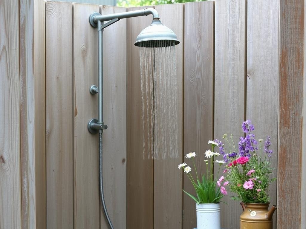 Rustic farmhouse outdoor shower with vintage elements Rustic farmhouse outdoor shower with vintage elements