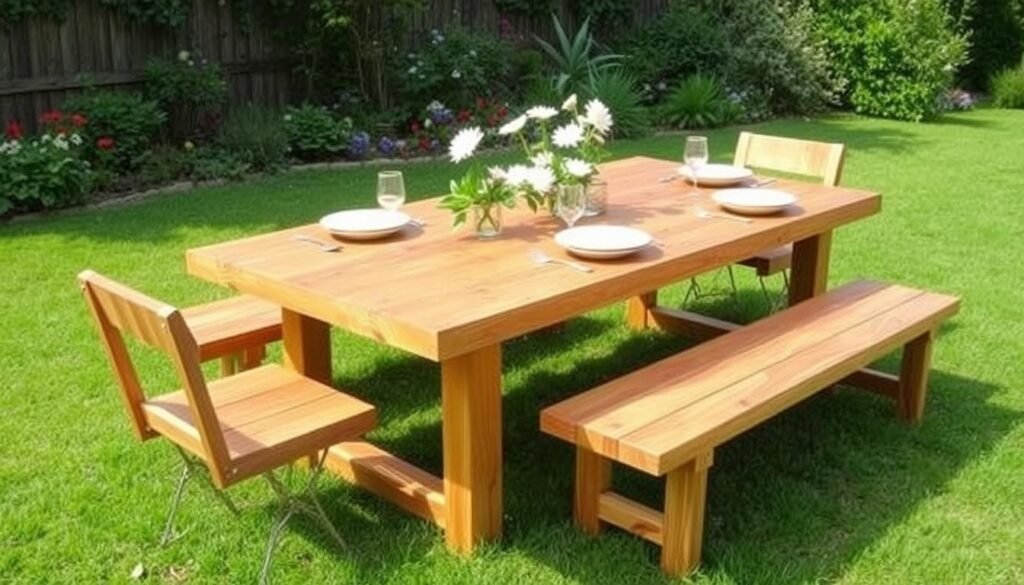 Rustic outdoor dining table with matching benches in a garden setting