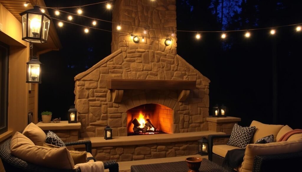 Rustic outdoor fireplace at night with ambient lighting