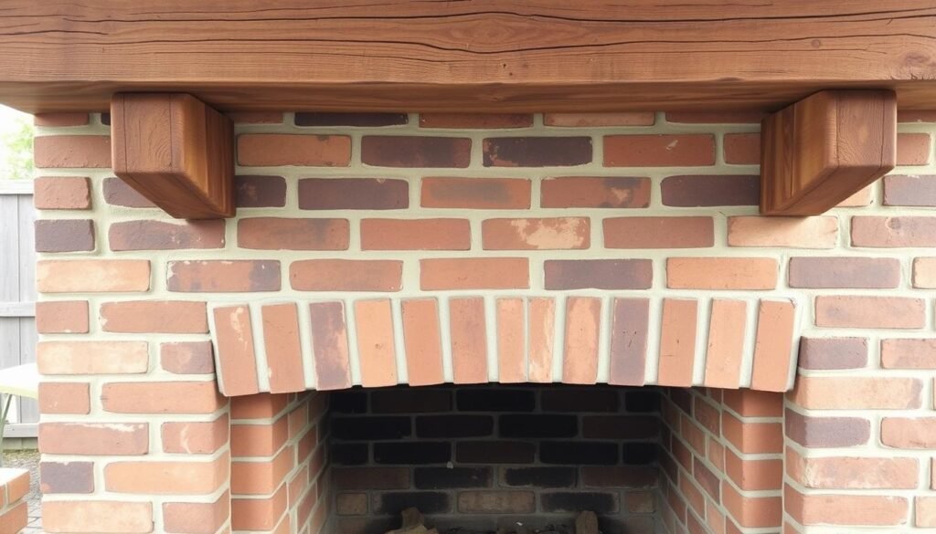 Rustic outdoor fireplace made with reclaimed brick and wooden mantel