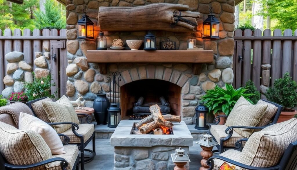 Rustic outdoor fireplace with decorative accessories and comfortable seating