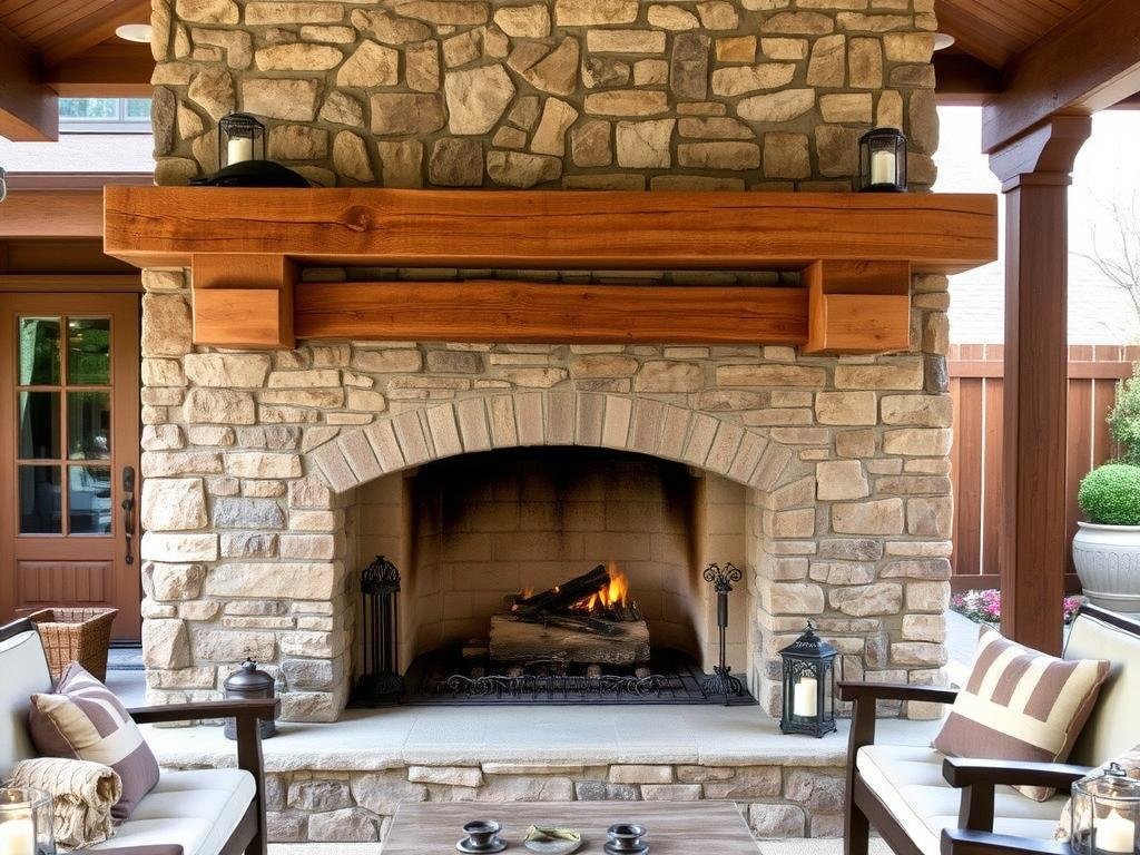 Rustic outdoor fireplace with reclaimed wood mantel and stone surround