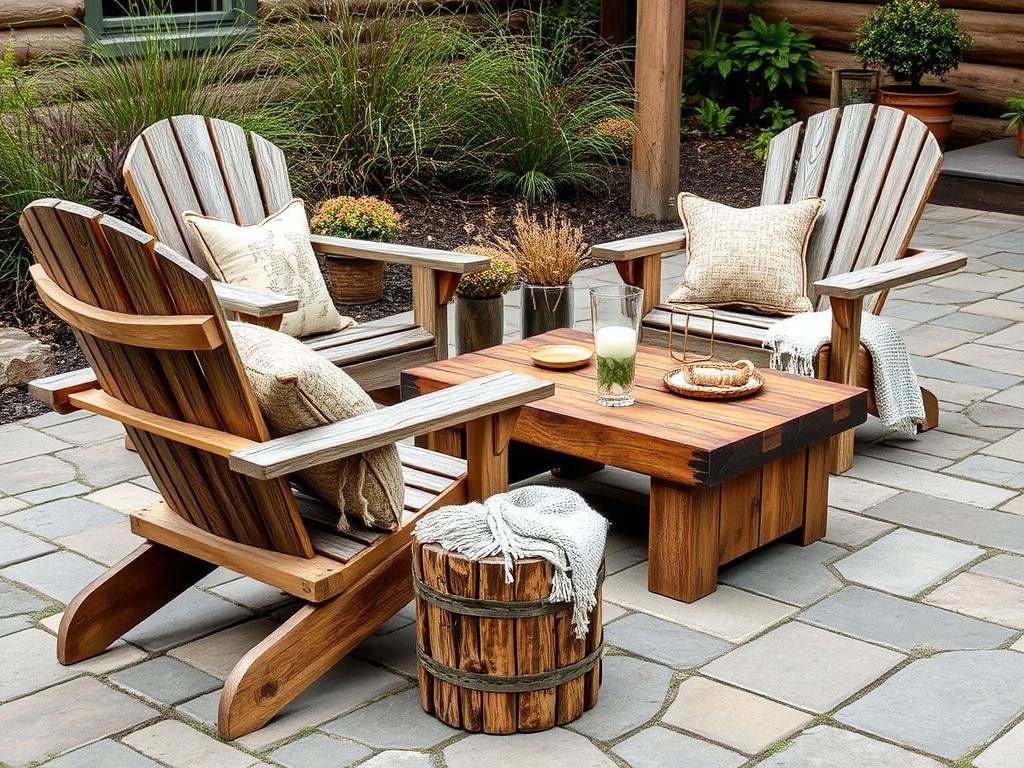 Rustic outdoor furniture set with natural wood materials and earthy tones