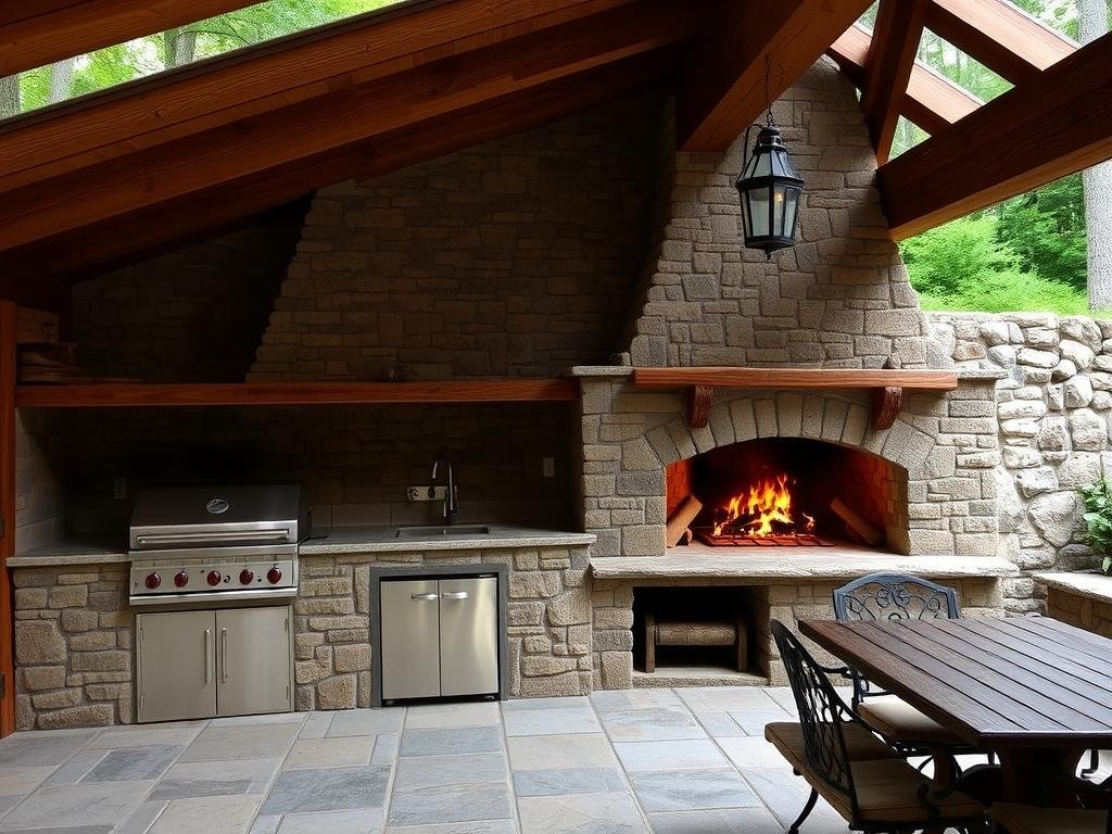 Rustic outdoor kitchen with integrated stone fireplace