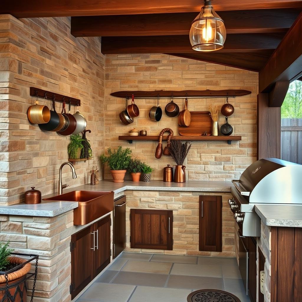 Rustic outdoor kitchen with stone veneer and wooden elements