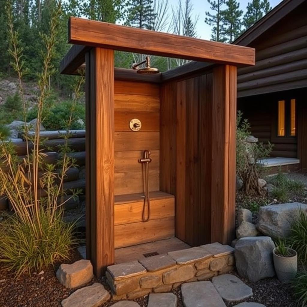 Rustic outdoor shower with stone base and reclaimed wood