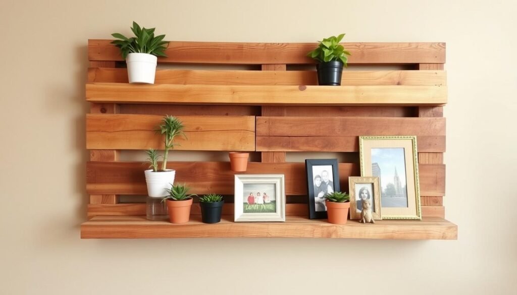 Rustic pallet wood shelf holding plants and decor items, easy diy room decor from reclaimed materials Rustic pallet wood shelf holding plants and decor items, easy diy room decor from reclaimed materials