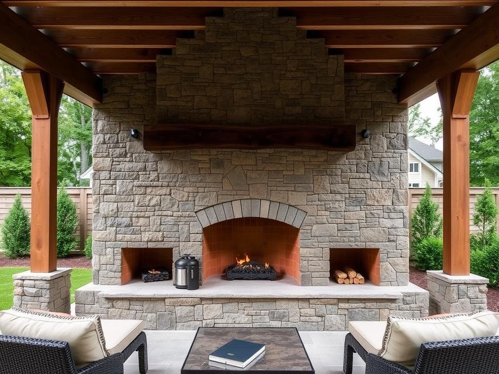 Rustic stone fireplace with wooden pergola and comfortable seating